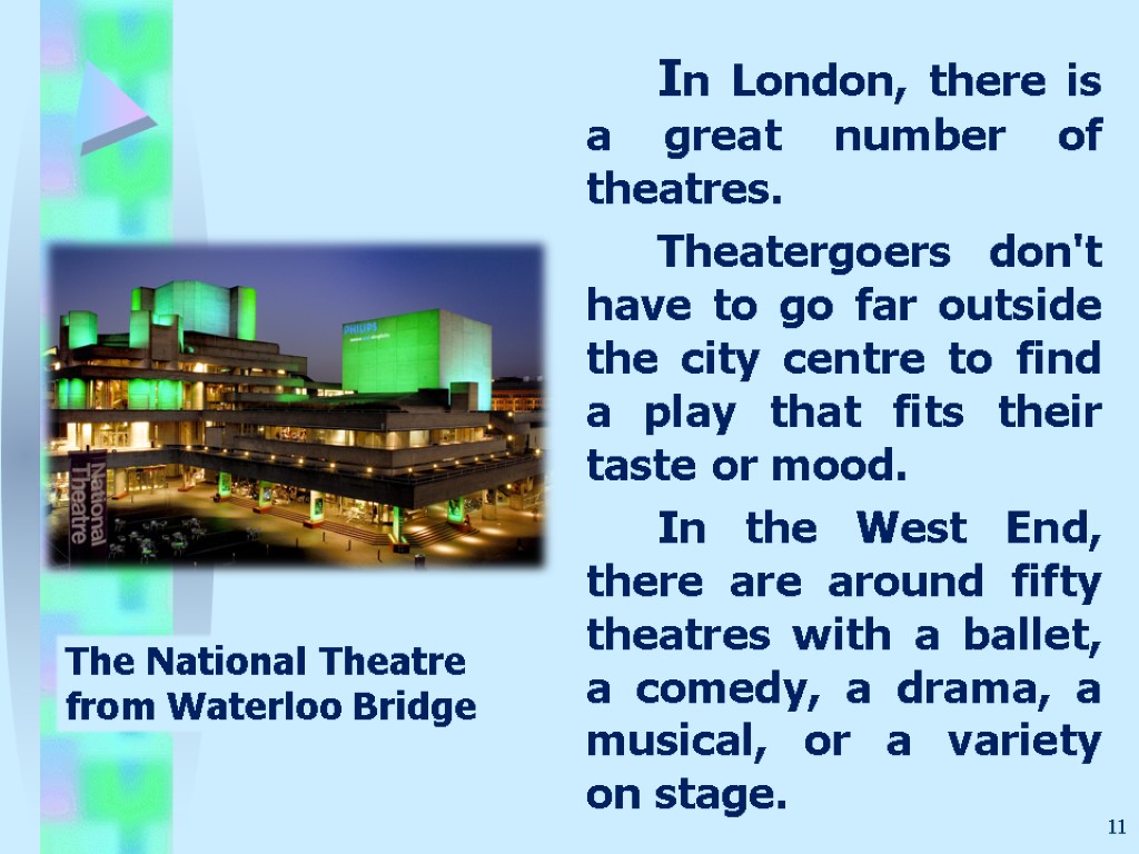 In London, there is a great number of theatres. Theatergoers don't have to go